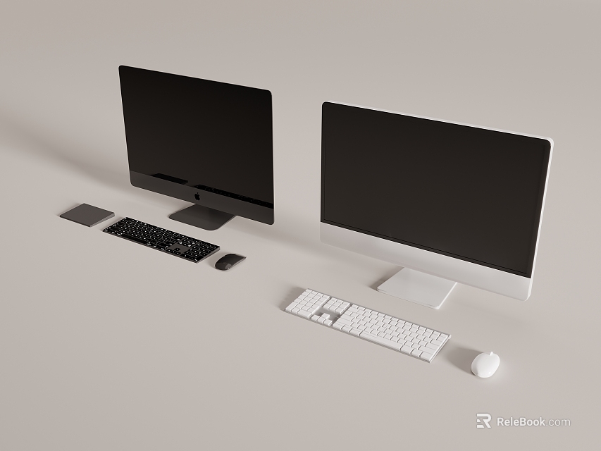 Modern Black And White Computer Monitors With Matching Keyboard And Mouse Setup 3d model 