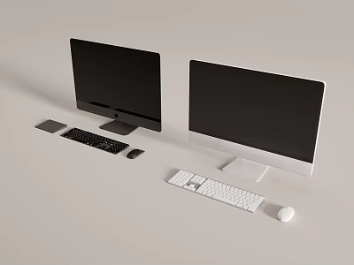 Modern Black And White Computer Monitors With Matching Keyboard And Mouse Setup 3d model