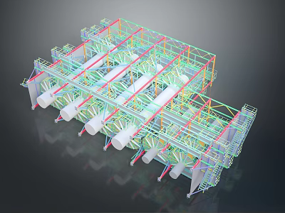 Detailed 3D Industrial Structure Model With Colored Framework And White Cylindrical Components 3d model