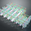 Detailed 3D Industrial Structure Model With Colored Framework And White Cylindrical Components
