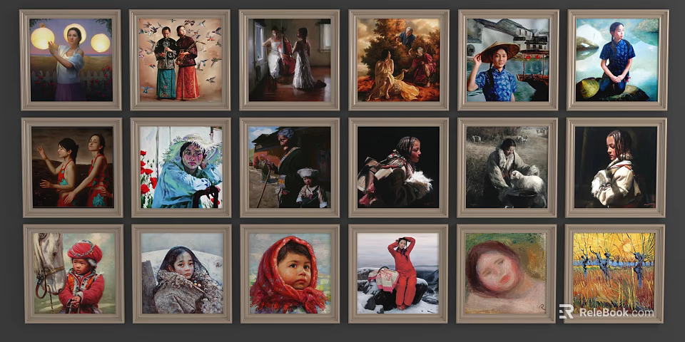 Collection Of Framed Oil Paintings With Various Portrait Scenes Arranged In 3d model 