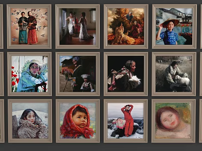 Collection Of Framed Oil Paintings With Various Portrait Scenes Arranged In 3d model