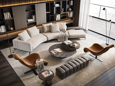 Modern Living Room White L shaped Sofa Round Marble Coffee Table Brown Armchairs Gray Bench 3d model