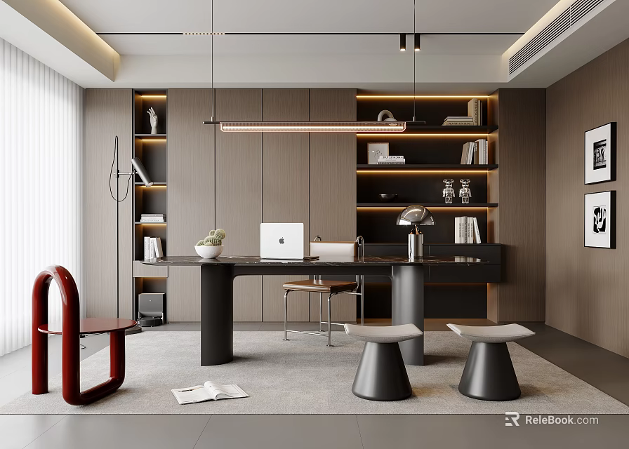 Modern Study Room Design With Dark Bookshelves Large Desk Laptop Red Chair And Black Stools 3d model 