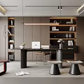 Modern Study Room Design With Dark Bookshelves Large Desk Laptop Red Chair And Black Stools