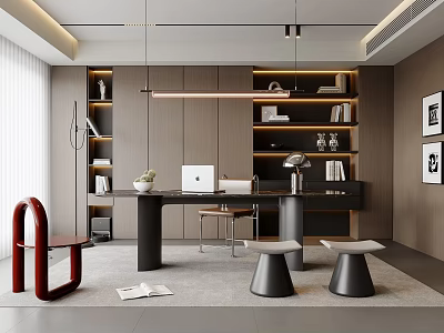 Modern Study Room Design With Dark Bookshelves Large Desk Laptop Red Chair And Black Stools 3d model