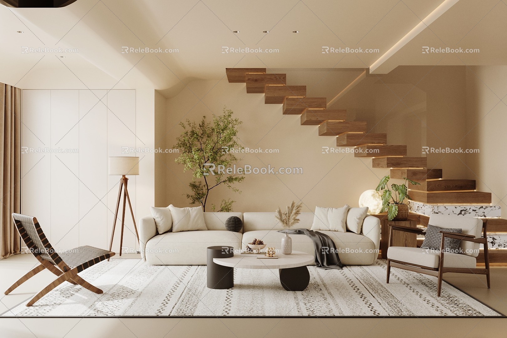 Quiet Home Living Room Sofa Tea Table Combination Leisure Chair Indoor Plant Landscape Ancient Style Living Room Leisure Chair 3d model