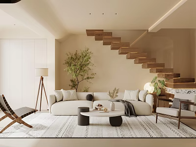 Modern Living Room Interior With Sofa Coffee Table Floor Lamp Potted Plant And Wooden Stairs 3d model