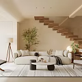 Modern Living Room Interior With Sofa Coffee Table Floor Lamp Potted Plant And Wooden Stairs