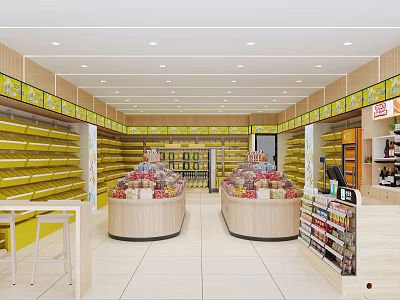 Mall Grocery Store Interior With Round Fruit Display Stands And Product Shelves 3d model