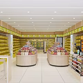 Mall Grocery Store Interior With Round Fruit Display Stands And Product Shelves