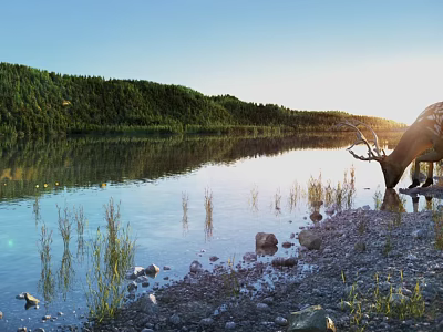Scenic Park Landscape With Deer Drinking Water By Lake Grass Rocks Mountains And Sunset Sky 3d model