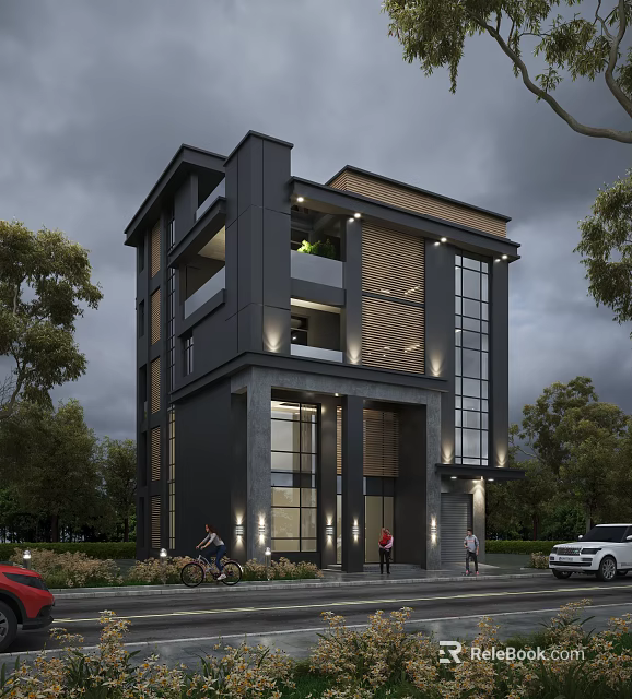 Modern Single Family House Exterior With Large Glass Windows Wooden Accents And Lush Greenery 3d model 