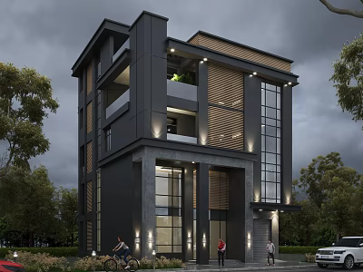 Modern Single Family House Exterior With Large Glass Windows Wooden Accents And Lush Greenery 3d model
