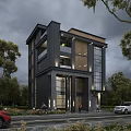 Modern Single Family House Exterior With Large Glass Windows Wooden Accents And Lush Greenery