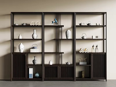 Dark Wooden Chinese Bogu Shelf With Porcelain Tea Sets And Decorative Items 3d model