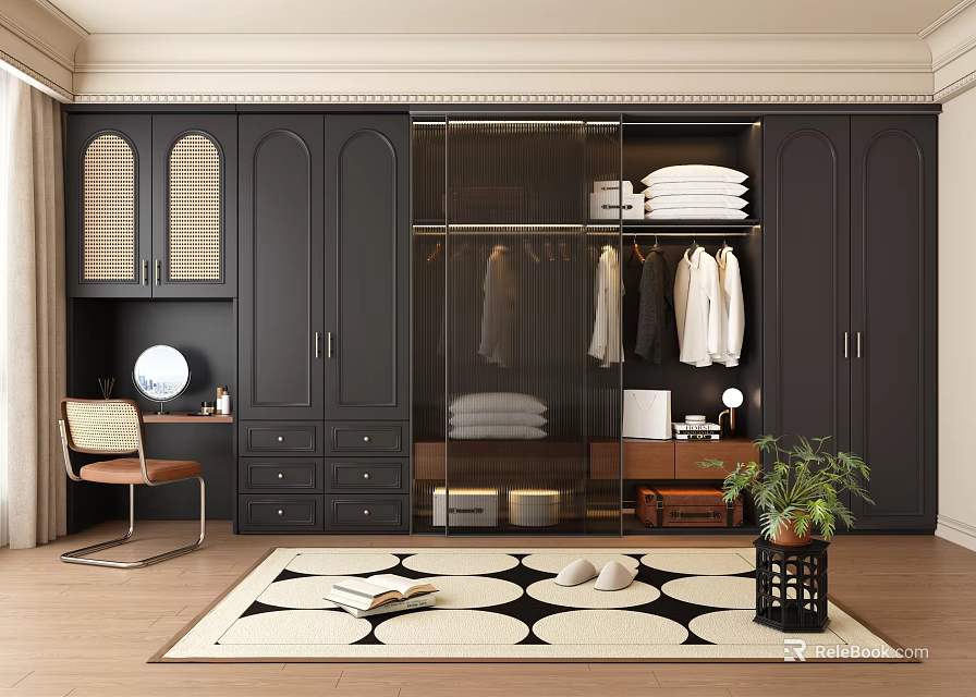 Modern Black Wardrobe With Glass Doors Hanging Clothes Drawers Dressing Table Chair And Rug 3d model 