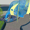 Indoor Playground Space With Blue Spiral Slide Yellow Accents Trees And Open Design