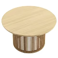 Round Wooden Coffee Table With Natural Woven Rattan Base For Modern Living Room
