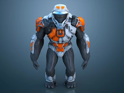 Giant Gorilla Like Sci Fi Game Character In Orange And White Armour 3d model