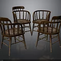 Four Vintage Wooden Chairs With Armrests Vertical Slat Back And Woven Seat