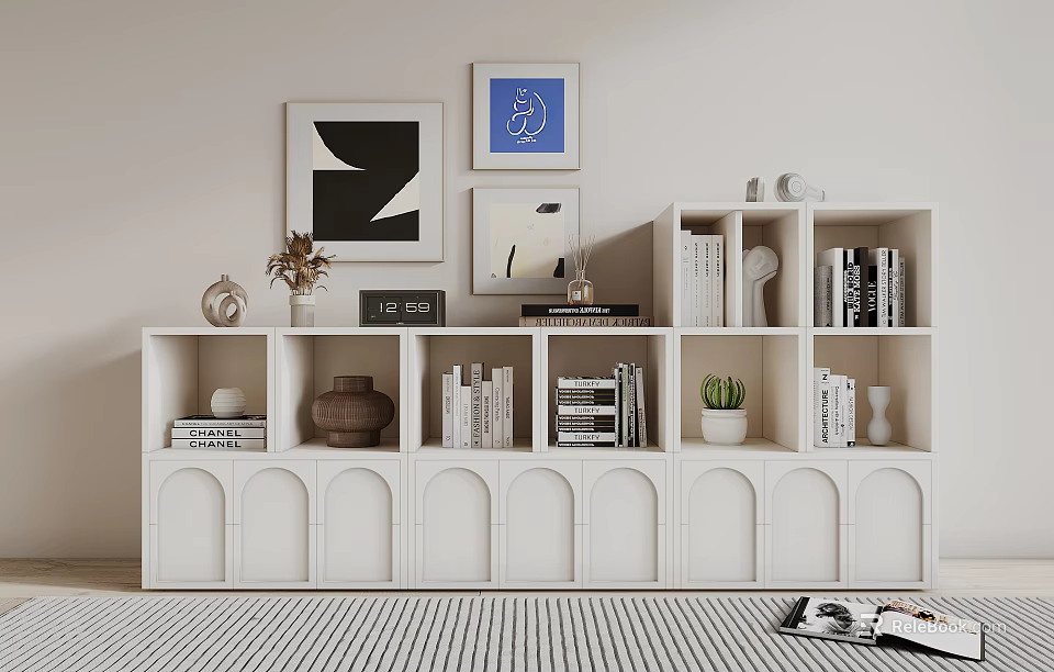 White Bookcase Interior With Books Decorative Items Wall Art And Striped Rug 3d model 