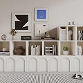 White Bookcase Interior With Books Decorative Items Wall Art And Striped Rug