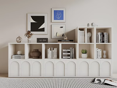 White Bookcase Interior With Books Decorative Items Wall Art And Striped Rug 3d model