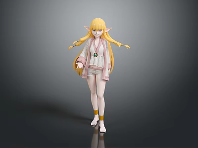 Anime 3D Blonde Elf Character With Braided Pigtails Elf Ears And Green Badge 3d model