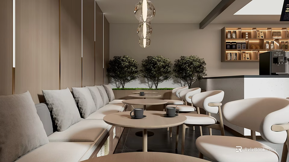 Modern Coffee Shop Interior With Comfortable Sofa Round Tables And Green Plants 3d model 