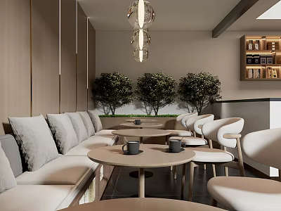 Modern Coffee Shop Interior With Comfortable Sofa Round Tables And Green Plants 3d model