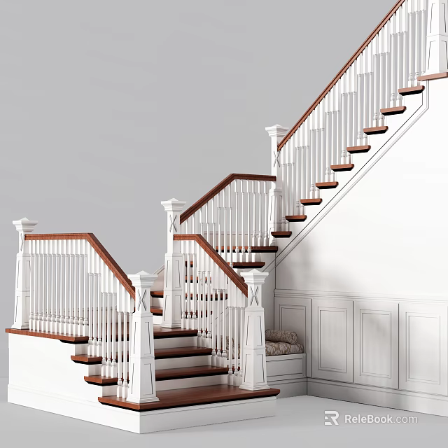 Classic White Staircase With Wooden Handrail Dark Wood Steps And White Wainscoting Walls 3d model 