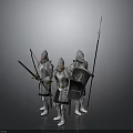 Three Medieval Knights In Shining Armor Holding Swords Spears And Shields On Gray Background
