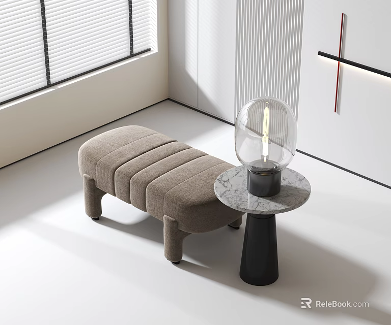 Brown Vertical Striped Sofa Stool in Modern White Interior with Marble Table and Glass Lamp 3d model 