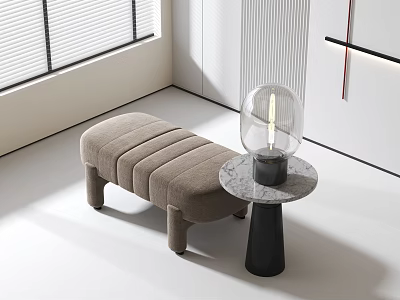 Brown Vertical Striped Sofa Stool in Modern White Interior with Marble Table and Glass Lamp 3d model