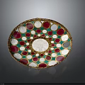 Wooden Stone Decorative Plate With Red White Gemstone Inlays Green Background And Gold Rim