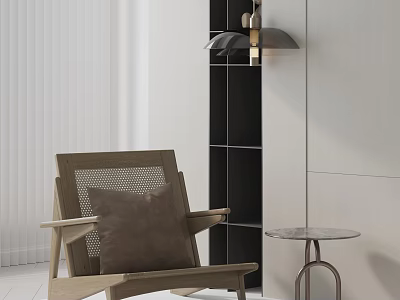 Wooden Leisure Chair With Woven Back Brown Cushion And Side Table Near Black White Shelf 3d model