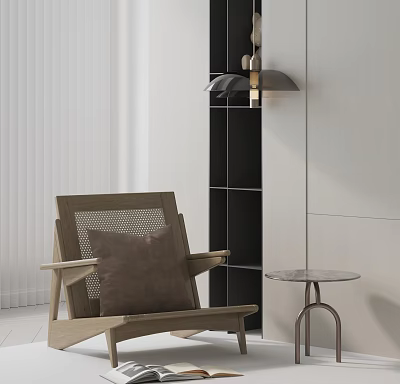 Wooden Leisure Chair With Woven Back Brown Cushion And Side Table Near Black White Shelf 3d model