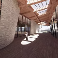 Modern Curved Roof Building With Wooden Glass Structure And Greenery Flower Beds