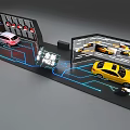 Modern Car Showroom Display With Silver Yellow Cars Glass Cases And Bright Lighting Elements