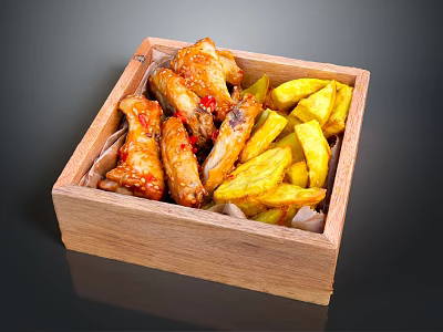 Roasted Chicken Wings With Red Sauce And Golden Yellow Fries In Wooden Box 3d model