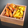 Roasted Chicken Wings With Red Sauce And Golden Yellow Fries In Wooden Box