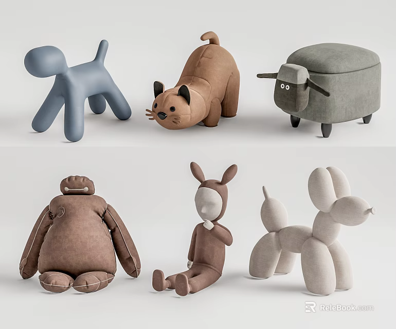Cute Animal Shaped Ottoman Sofa Stools in Blue Brown Gray White for Living Room Decor 3d model 