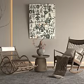 Two Wicker Leisure Chairs with Round Coffee Table Vase and Wall Art on Gray Rug
