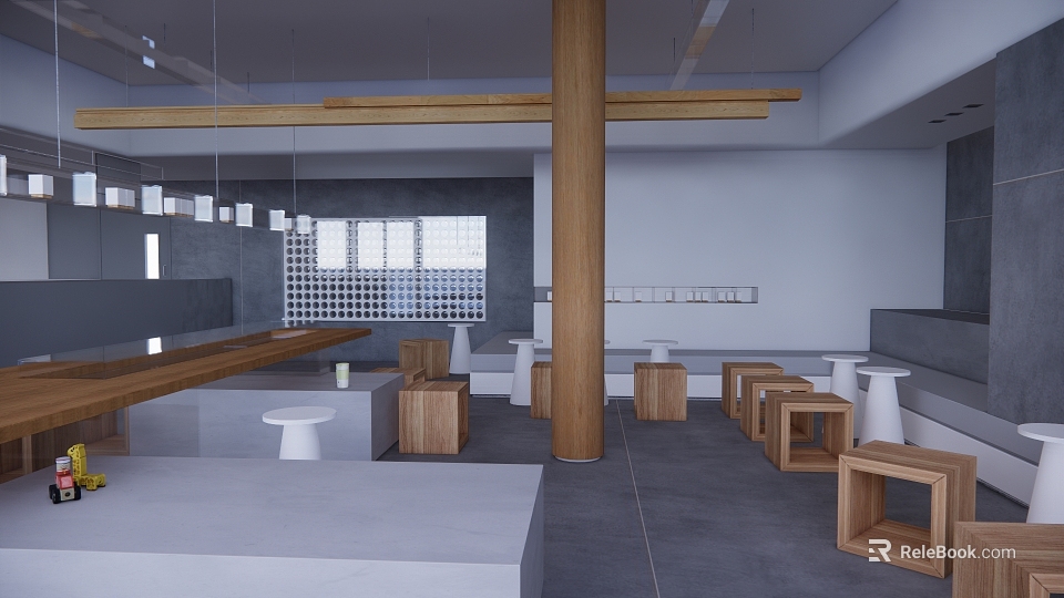 Contemporary Restaurant Interior With Wooden Pillar Benches White Bar Counter Hanging Lights And Gray Floor 3d model 