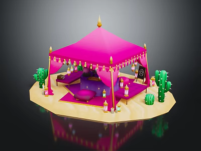Vibrant Cartoon Scene with Pink Tent Golden Decorations Green Cacti Purple Cushions and Small Bottles 3d model