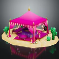 Vibrant Cartoon Scene with Pink Tent Golden Decorations Green Cacti Purple Cushions and Small Bottles