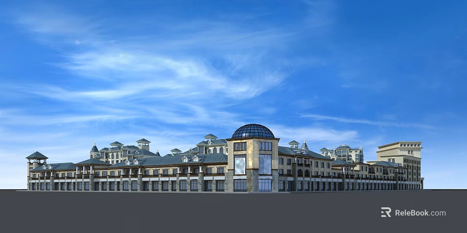 European Style Commercial Street With Dome Roof And Storefronts Under Blue Sky 3d model 