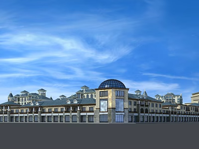 European Style Commercial Street With Dome Roof And Storefronts Under Blue Sky 3d model