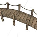 Curved Wooden Bridge With Rope Railings And Wooden Planks Support Posts